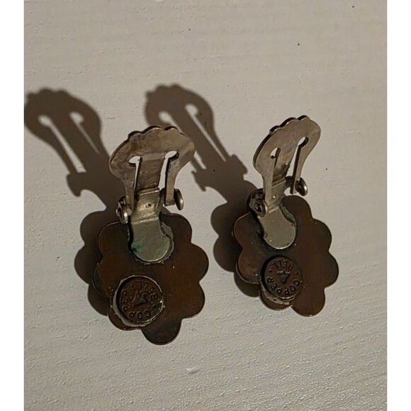 Vintage Bell Trading Post Signed Copper Faux Turquoise Clip On Earrings - Picture 5 of 5